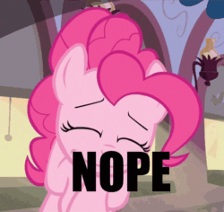 Size: 572x540 | Tagged: safe, edit, edited screencap, screencap, pinkie pie, earth pony, pony, g4, mmmystery on the friendship express, animated, caption, eyes closed, female, gif, image macro, nope, solo, text