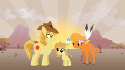 Size: 1281x721 | Tagged: safe, artist:auridash-draws, braeburn, little strongheart, bison, buffalo, hybrid, g4, bisony, family, female, male, offspring, parent:braeburn, parent:little strongheart, parents:braeheart, ship:braeheart, shipping, straight, sunset