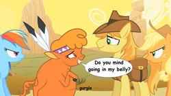 Size: 1280x720 | Tagged: safe, artist:voreediter, edit, edited screencap, screencap, applejack, braeburn, little strongheart, rainbow dash, bison, buffalo, pony, g4, over a barrel, belly, big belly, dialogue, female, fetish, gentle pred, male, ship:braeheart, shipping, stomach noise, straight, vore