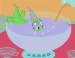 Size: 500x385 | Tagged: safe, screencap, gummy, alligator, g4, party of one, animated, gif, hat, male, party hat, punch (drink), punch bowl, solo