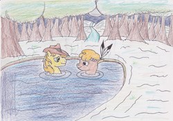 Size: 3300x2313 | Tagged: safe, artist:darkknightwolf2011, braeburn, little strongheart, bison, buffalo, pony, g4, appleloosa, female, forest, furry reminder, high res, hot springs, male, ship:braeheart, shipping, snow, straight, traditional art, tree, water