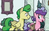 Size: 191x123 | Tagged: safe, artist:tonyfleecs, idw, official comic, berry blend, berry bliss, huckleberry, pegasus, pony, g4, spoiler:comic, spoiler:comicfeatsoffriendship01, background pony, cropped, duo, female, friendship student, male, mare, saddle bag, smiling, stallion, wings