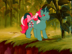 Size: 288x216 | Tagged: safe, screencap, fizzy, pony, unicorn, g1, my little pony: the movie (g1), animated, bow, female, gif, solo, tail bow