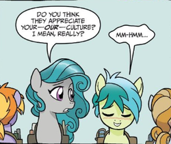 Size: 318x269 | Tagged: safe, artist:tony fleecs, idw, official comic, sandbar, swift foot, earth pony, pony, thracian, g4, spoiler:comic, spoiler:comicfeatsoffriendship01, blushing, cropped, duo focus, evil planning in progress, facade, female, freudian slip, green background, in love, male, manipulation, mare, saddle bag, simple background, speech bubble, teenager, young mare