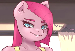 Size: 2160x1470 | Tagged: safe, artist:angelwing314, edit, pinkie pie, anthro, g4, cropped, dialogue, dialogue edit, female, flirting, lip bite, looking at you, pinkamena diane pie, smiling, solo