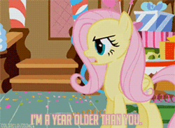 Size: 320x235 | Tagged: safe, edit, edited screencap, screencap, fluttershy, pegasus, pony, g4, griffon the brush off, animated, caption, female, gif, i'm a year older than you, image macro, solo, text