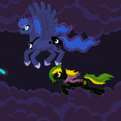 Size: 300x300 | Tagged: safe, artist:imreer, princess luna, oc, oc:vermont black, alicorn, earth pony, pony, g4, animated, clothes, commission, female, flowing hair, flowing mane, flowing tail, flying, glowing scarf, male, mare, pixel art, scarf, stallion, ych animation, ych result