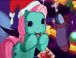 Size: 416x320 | Tagged: safe, screencap, minty, earth pony, pony, a very minty christmas, g3, animated, bipedal, blinking, christmas, christmas stocking, cute, female, g3betes, gif, hairbrush, happy, hat, holiday, mintabetes, open mouth, santa hat, solo, weapons-grade cute