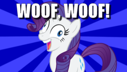 Size: 1280x720 | Tagged: safe, rarity, pony, unicorn, g4, caption, doggiecorn, exploitable meme, female, i didn't listen, image macro, mare, meme, raridog, sunburst background, text, woof