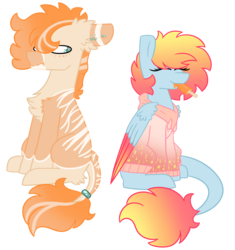 Size: 2821x3000 | Tagged: safe, artist:crazysketch101, oc, oc only, oc:crazy looncrest, oc:dusk, earth pony, pegasus, pony, :t, colored wings, duo, ear piercing, earring, food, gauges, gradient tail, gradient wings, high res, jewelry, leonine tail, piercing, popsicle, simple background, tail ring, transparent background, wings