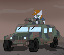 Size: 2900x2500 | Tagged: safe, artist:pizzamovies, oc, oc only, oc:littlepip, pony, unicorn, fallout equestria, car, clothes, fanfic, fanfic art, female, grin, gun, high res, hooves, horn, humvee, jumpsuit, machine gun, mare, pipbuck, smiling, solo, vault suit, vehicle, wasteland, weapon