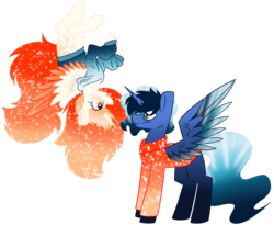 Size: 3189x2617 | Tagged: safe, artist:crazysketch101, oc, oc only, oc:abyss, oc:phoenix, alicorn, pony, :p, alicorn oc, colored wings, colored wingtips, duo, gradient mane, gradient wings, high res, simple background, tongue out, transparent background, upside down, wings