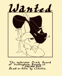 Size: 1536x1864 | Tagged: safe, artist:greed, oc, pony, unicorn, beard, bust, digital art, facial hair, male, monochrome, pirate, portrait, smoking, stallion, wanted poster