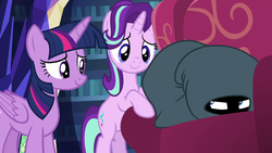 Size: 1280x720 | Tagged: safe, screencap, rarity, starlight glimmer, twilight sparkle, alicorn, pony, unicorn, g4, it isn't the mane thing about you, couch, female, library, twilight sparkle (alicorn), twilight's castle, twilight's castle library