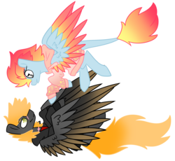 Size: 3159x2904 | Tagged: source needed, safe, artist:crazysketch101, oc, oc only, oc:ashton burnside, oc:crazy looncrest, pegasus, pony, clothes, colored wings, colored wingtips, duo, flying, gradient mane, gradient tail, gradient wings, high res, hoodie, leonine tail, scar, ship:burncrest, simple background, sweater, transparent background, wings