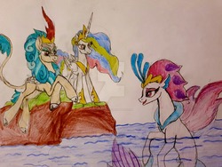 Size: 1280x960 | Tagged: safe, artist:dragonpinkiepie, princess celestia, queen novo, rain shine, alicorn, kirin, pony, seapony (g4), g4, my little pony: the movie, colored pencil drawing, deviantart watermark, ethereal mane, female, leader, mare, obtrusive watermark, princess, the council of tall rulers, traditional art, trio, trio female, water, watermark