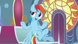 Size: 1280x720 | Tagged: safe, screencap, rainbow dash, pegasus, pony, g4, the beginning of the end, amused, female, flying, mare, open mouth, solo, underhoof