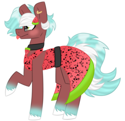 Size: 3102x3000 | Tagged: safe, artist:crazysketch101, oc, oc only, oc:loco, earth pony, pony, :p, clothes, collar, commission, dress, ear piercing, earring, female, food, gradient hooves, high res, jewelry, piercing, simple background, solo, tongue out, transparent background, watermelon