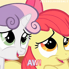 Size: 240x240 | Tagged: safe, edit, edited screencap, screencap, apple bloom, sweetie belle, earth pony, pony, unicorn, g4, the cutie mark chronicles, adorabloom, animated, caption, cute, diasweetes, female, gif, image macro, text