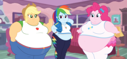Size: 3072x1440 | Tagged: safe, artist:neongothic, applejack, pinkie pie, rainbow dash, human, equestria girls, g4, applefat, bbw, belly, belly button, big belly, breasts, busty applejack, busty pinkie pie, chubby cheeks, double chin, fat, fat boobs, morbidly obese, obese, pat on back, piggy pie, pudgy pie, rainblob dash, ssbbw, story in the comments, weight gain