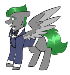 Size: 3323x3569 | Tagged: safe, artist:crazysketch101, oc, oc only, oc:unit, pegasus, pony, bowtie, clothes, high res, male, shirt, simple background, smiling, smirk, solo, spread wings, stallion, suit, the count of monte cristo, white background, wings