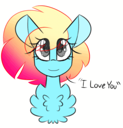Size: 1627x1686 | Tagged: safe, artist:crazysketch101, oc, oc only, oc:crazy looncrest, pony, animated, bust, chest fluff, dialogue, gradient mane, i love you, looking at you, simple background, smiling, solo, white background
