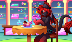 Size: 4333x2545 | Tagged: safe, artist:airiniblock, oc, oc only, oc:queen haiku, bat pony, hybrid, pony, rcf community, blurry background, chair, commission, cupcake, digital art, female, food, leonine tail, mare, red and black oc, red hair, red mane, red tail, sitting, solo, table, tongue out