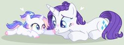 Size: 1280x470 | Tagged: safe, artist:nocturnal-moonlight, rarity, oc, oc:pastel clouds, pony, unicorn, g4, boop, female, heterochromia, magical lesbian spawn, mother and daughter, offspring, parent:rainbow dash, parent:rarity, parents:raridash, prone, simple background