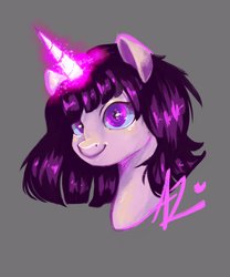 Size: 1706x2048 | Tagged: dead source, safe, artist:thewickedvix, oc, oc only, pony, unicorn, bust, female, glowing horn, gray background, horn, looking at you, mare, simple background, smiling, solo