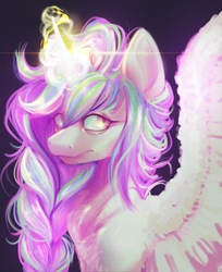 Size: 2175x2660 | Tagged: safe, artist:thewickedvix, princess celestia, alicorn, pony, g4, alternate hairstyle, bags under eyes, braided ponytail, female, glowing horn, high res, horn, lens flare, mare, ponytail, simple background, solo, spread wings, tired, wings