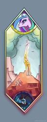 Size: 1259x3260 | Tagged: safe, artist:incmyk, fluttershy, nightmare moon, princess celestia, oc, giraffe, pony, g4, diplomacy, female, headcanon, mare, missing accessory, mountain