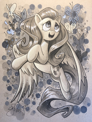 Size: 1412x1872 | Tagged: safe, artist:andypriceart, edit, editor:dsp2003, fluttershy, butterfly, pegasus, pony, g4, female, mare, open mouth, traditional art