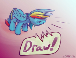 Size: 1146x882 | Tagged: safe, alternate version, artist:incmyk, rainbow dash, pegasus, pony, g4, cutie mark, eyes closed, female, gradient background, mare, motivational, one wing out, solo, speech bubble, wings, yelling
