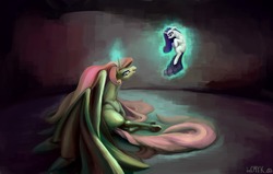 Size: 3000x1906 | Tagged: safe, artist:incmyk, princess celestia, rarity, alicorn, pony, unicorn, g4, abstract background, duo, female, floppy ears, glowing horn, horn, large wings, lidded eyes, looking at each other, magic, mare, missing cutie mark, pink-mane celestia, prone, size difference, slit pupils, telekinesis, wings