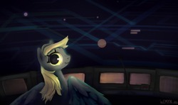 Size: 1521x900 | Tagged: safe, artist:incmyk, derpy hooves, pegasus, pony, g4, air traffic controller, cute, derpabetes, female, looking at you, looking over shoulder, mare, microphone, screen, smiling, solo, spread wings, this will not end well, window, wings