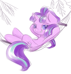 Size: 1900x1984 | Tagged: safe, artist:kovoranu, starlight glimmer, pony, unicorn, g4, female, grin, hammock, lying on bed, mare, s5 starlight, smiling, solo, welcome home twilight