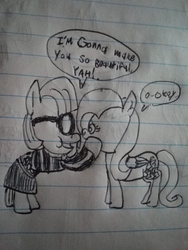 Size: 720x960 | Tagged: safe, artist:loganjonesdrawings, fluttershy, photo finish, earth pony, pony, g4, green isn't your color, drawing, female, lined paper, parody, pen drawing, photo, small eyes, stylistic suck, traditional art