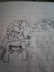 Size: 720x960 | Tagged: safe, artist:loganjonesdrawings, pinkie pie, g4, secret of my excess, angry, bipedal, candy, candy cane, drawing, food, holster, lined paper, mouth hold, parody, pen drawing, photo, squint, stylistic suck, traditional art, western