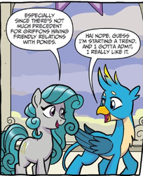 Size: 323x396 | Tagged: safe, artist:tony fleecs, idw, official comic, gallus, swift foot, earth pony, griffon, pony, thracian, g4, spoiler:comic, spoiler:comicfeatsoffriendship01, cropped, cutie mark, duo, female, male, mare, smiling, speech bubble, wings