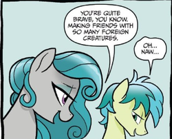 Size: 331x268 | Tagged: safe, artist:tonyfleecs, idw, official comic, sandbar, swift foot, earth pony, pony, thracian, g4, spoiler:comic, spoiler:comicfeatsoffriendship01, cropped, duo, evil planning in progress, eyeshadow, female, flirting, green background, lidded eyes, makeup, male, manipulation, mare, modesty, simple background, speech bubble, swiftbar, young mare