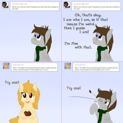 Size: 2002x2002 | Tagged: safe, artist:phoenixswift, oc, oc only, oc:fuselight, oc:honey tail, earth pony, pegasus, pony, ask fuselight, ask, clothes, date (fruit), female, high res, male, mare, scarf, stallion, tumblr