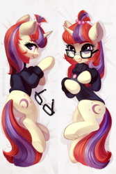 Size: 2520x3780 | Tagged: safe, artist:taneysha, moondancer, pony, unicorn, g4, body pillow, body pillow design, clothes, cute, dancerbetes, female, glasses, glasses off, high res, looking at you, looking back, looking back at you, mare, smiling, solo, sweater, underhoof