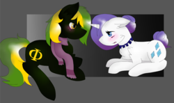 Size: 1098x648 | Tagged: safe, artist:mootsarts, rarity, oc, oc:vermont black, earth pony, pony, unicorn, g4, alternate hairstyle, blushing, canon x oc, clothes, couple, female, hair bun, jewelry, looking at each other, male, mare, necklace, phi, scarf, stallion, tail bun
