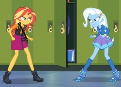 Size: 524x378 | Tagged: safe, screencap, sunset shimmer, trixie, equestria girls, equestria girls series, forgotten friendship, g4, boots, clothes, high heel boots, looking at each other, shoes, skirt