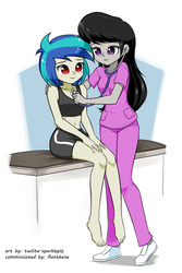 Size: 917x1370 | Tagged: safe, artist:twilite-sparkleplz, dj pon-3, octavia melody, vinyl scratch, equestria girls, g4, barefoot, belly button, clothes, commission, duo, duo female, feet, female, listening, midriff, nurse, nurse outfit, shorts, sports bra, sports shorts, stethoscope