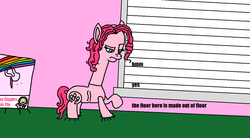 Size: 1238x681 | Tagged: safe, artist:logan jones, pinkie pie, earth pony, pony, g4, alternate hairstyle, bed, bedroom, box, buzz lightyear, captain obvious, female, long neck, male, meme, my name is called woody and i am having a snake in my shoes, obvious, oh my giggles pinkie pie, packaging, ponified meme, shaped like itself, toy, toy interpretation, toy story, window
