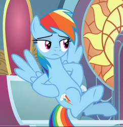 Size: 914x940 | Tagged: safe, screencap, rainbow dash, pegasus, pony, the beginning of the end, cropped, female, flying, hooves on hips, mare, solo, spread wings, unamused, wings