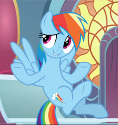 Size: 883x941 | Tagged: safe, screencap, rainbow dash, pegasus, pony, the beginning of the end, amused, cropped, female, flying, mare, solo, spread wings, underhoof, wings