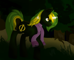 Size: 732x600 | Tagged: dead source, safe, artist:mootsarts, oc, oc only, oc:vermont black, earth pony, pony, clothes, forest, male, raised hoof, scarf, solo, stallion, tree
