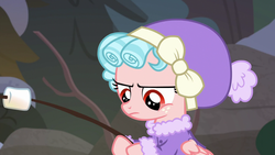 Size: 1280x720 | Tagged: safe, screencap, cozy glow, pegasus, pony, frenemies (episode), g4, clothes, cozy glow is not amused, female, filly, foal, food, hat, marshmallow, solo, winter outfit